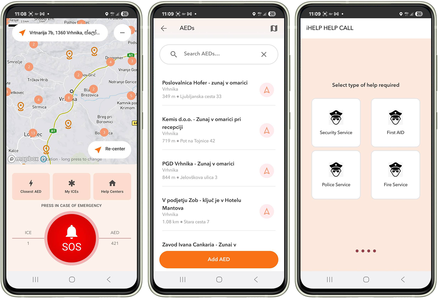 iHELP first responder app, map of defibrillatros, AED, hopistals